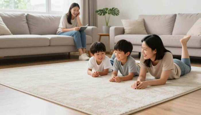 Family enjoying clean, safe carpet in Lake Geneva home after professional cleaning.
