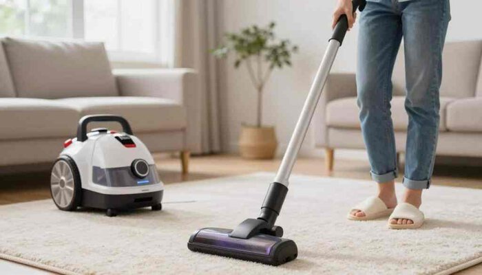 Person using vacuum cleaner on carpet in living room for deep cleaning.