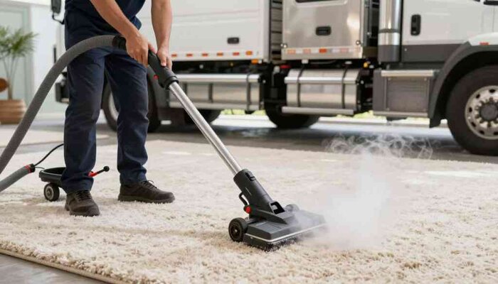 Professional carpet cleaning service in Lake Geneva with steam cleaning equipment.