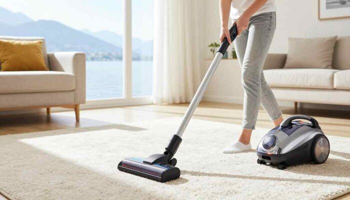 Vacuuming carpet in a Lake Geneva home to reduce allergens and improve indoor air quality.
