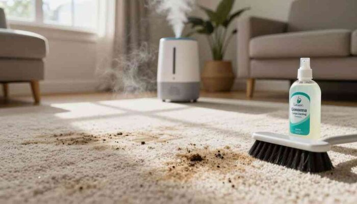 Pet urine stain on carpet with cleaning spray and deodorizer.