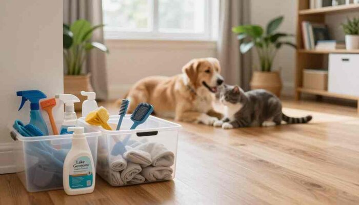 A cozy and informative scene depicting long-term maintenance tips for pet owners. In the foreground, a well-organized pet care space with clean, labeled storage containers for pet supplies, grooming tools, and cleaning products. The middle ground features a happy dog and cat peacefully playing together on a clean, hardwood floor, showcasing a pet-friendly environment. In the background, a window with soft, natural light illuminating the space, enhancing the warm and inviting atmosphere. The setting is a tidy living room with houseplants and a bookshelf, symbolizing a harmonious home. The overall mood is reassuring and nurturing, conveying the importance of consistent pet care, branded subtly with "Lake Geneva Carpet Cleaning" on one of the containers. The focus is on cleanliness and pet comfort, with a soft depth of field to emphasize the pet care elements.