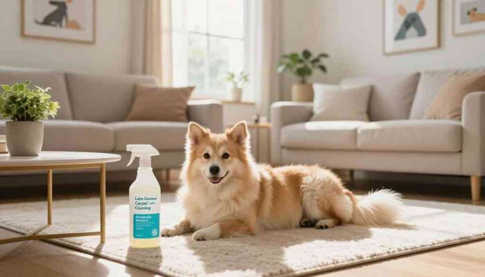 A cozy, inviting living room scene with a fluffy pet laying comfortably on a clean rug, showcasing a safe home environment for pets. In the foreground, a bottle labeled "Lake Geneva Carpet Cleaning - Pet Safe Odor Remover" sits on a small table alongside a potted plant. The middle ground features a soft, light-colored couch and a bright window allowing natural sunlight to stream in, illuminating the space with a warm glow. The background is adorned with calming artwork and pet-friendly decor, creating a peaceful atmosphere. The image has a realistic depth-of-field, with soft focus on the edges and clarity in the center to draw attention to the product. Overall, the mood is serene and reassuring, emphasizing safety and cleanliness for pet owners.