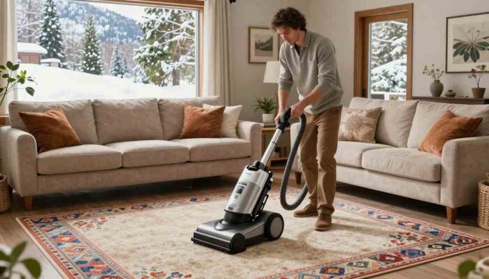 A cozy living room in Lake Geneva showcasing a well-maintained carpet being cleaned. In the foreground, a professional carpet cleaner in modest casual attire is using a modern carpet cleaning machine, focusing on a brightly colored area rug. Mid-ground features a plush sofa with seasonal decor, reflecting a warm and inviting atmosphere. The background shows a snow-covered landscape outside through a large window, hinting at winter, with lush greenery for spring in another part, suggesting seasonal changes. Soft, natural lighting illuminates the room, creating a serene ambiance. The brand name "Lake Geneva Carpet Cleaning" is subtly integrated into the design of the carpet cleaning machine, ensuring it blends harmoniously with the scene.