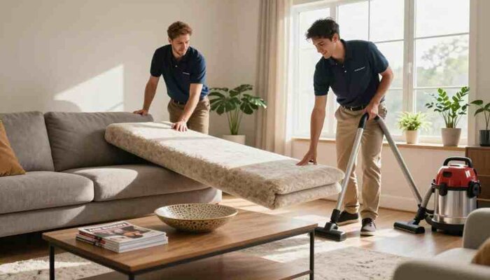 A cozy living room prepared for professional carpet cleaning by Lake Geneva Carpet Cleaning. In the foreground, a neatly arranged coffee table with a decorative bowl and a stack of magazines, showcasing a well-maintained carpet partially exposed from moving furniture. In the middle, two friendly professionals in polo shirts and khakis, ready for action, gently lifting a couch to clear the area. The background features a sunny window casting warm light across the room, enhancing the inviting atmosphere. Green plants on the windowsill add a touch of freshness, while a vacuum cleaner is positioned nearby, indicating the upcoming cleaning process. The overall mood is one of anticipation and care, emphasizing the importance of preparation in professional carpet cleaning.