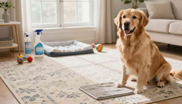 Golden retriever sitting on carpet with pet stain remover tools nearby.