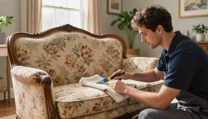 A cozy, well-lit living room scene featuring a skilled technician in professional attire gently cleaning a delicate, antique loveseat upholstered in soft floral fabric. The foreground highlights the technician's focused expression as they meticulously handle upholstery tools, ensuring no damage to the fabric. The middle of the scene showcases the elegantly designed loveseat, richly detailed with antique craftsmanship and intricate patterns. Surrounding the loveseat, soft natural light filters in through a nearby window, casting a warm glow that enhances the hues of the upholstery. In the background, tasteful decor elements, such as potted plants and framed art, create an inviting atmosphere. The image embodies a calm and professional ambiance, representing the expertise of Lake Geneva Carpet Cleaning in upholstery care.