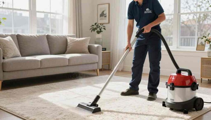 A professional carpet cleaner at work in a bright, welcoming living room in Lake Geneva, WI. In the foreground, the cleaner, dressed in a neat uniform with the brand logo "Lake Geneva Carpet Cleaning" prominently displayed, is using a high-quality steam cleaner on a plush, light-colored carpet. In the middle ground, a modern sofa and stylish décor create an inviting atmosphere, suggesting a family-friendly environment. The background features large windows letting in soft, natural light, illuminating dust particles in the air, enhancing the freshness of the scene. The overall ambiance is clean, professional, and trustworthy, emphasizing the importance of choosing the right carpet cleaning service. The angle is slightly elevated, providing a comprehensive view of the scene while maintaining focus on the cleaner’s attentive work.