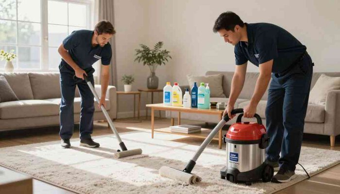 A professional carpet cleaning appointment preparation scene in a well-lit, modern living room. In the foreground, two technicians from "Lake Geneva Carpet Cleaning" in neat uniforms are setting up equipment like a carpet cleaning machine and cleaning supplies. One technician is unrolling a premium quality carpet cleaning hose, while the other organizes various eco-friendly cleaning solutions on a nearby table. In the middle ground, a plush, slightly soiled carpet awaits cleaning, with sunlight streaming through a window, creating a warm, inviting atmosphere. In the background, light-colored walls and tasteful decor emphasize a clean, professional environment. The image conveys a sense of thoroughness and professionalism, showcasing the anticipation of a transformative cleaning experience.