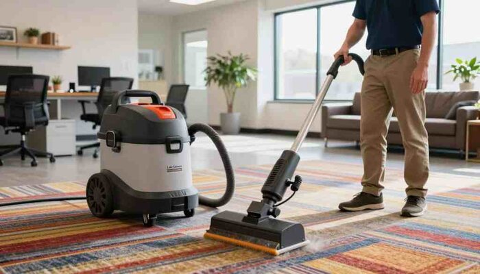 A professional carpet cleaning scene showcasing a commercial carpet cleaner in action inside a local business. In the foreground, a person in a polo shirt and khakis operates a powerful carpet extraction machine, highlighting the vibrant colors of the carpet. The middle ground features a clean, well-maintained office space with a modern design, including furniture and plants to create a welcoming atmosphere. In the background, a large window allows natural light to flood the room, enhancing the cleanliness and freshness of the environment. The branding "Lake Geneva Carpet Cleaning" is subtly visible on the machine. Capture the mood of professionalism and trust, with a bright and airy ambiance, focusing on the task of maintaining pristine carpets in a commercial setting.