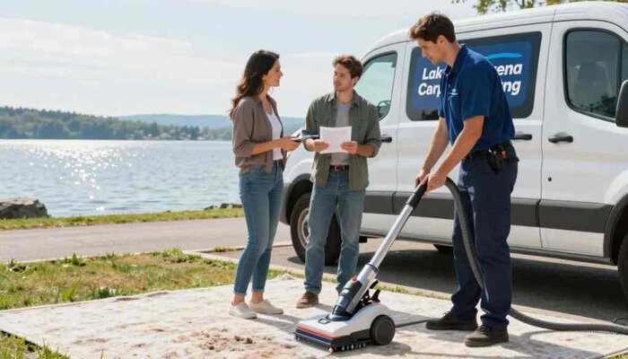 Technician cleaning carpet outdoors near Lake Geneva with clients watching.