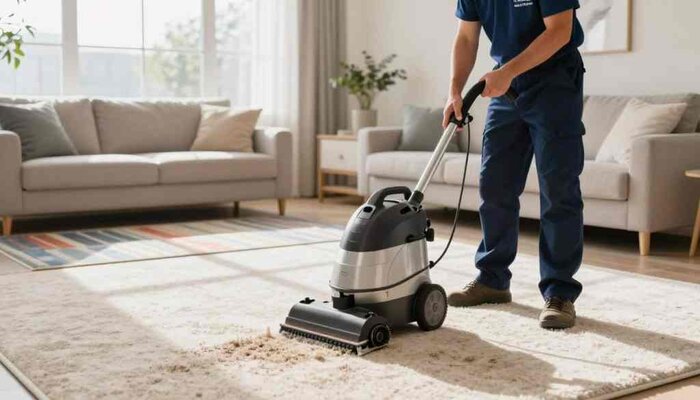 A professional carpet cleaning service scene showcasing Lake Geneva Carpet Cleaning in action. In the foreground, a technician wearing a branded uniform is carefully using a state-of-the-art carpet cleaning machine, focused on a heavily soiled carpet. The middle ground features a bright, modern living room with plush furniture and a colorful area rug, illustrating the difference clean carpets can make. In the background, large windows allow natural light to flood the room, creating a warm and inviting atmosphere. Soft shadows accentuate the texture of the carpet and furnishings. The overall mood is professional, calm, and reassuring, emphasizing the importance of expert service for carpet maintenance.