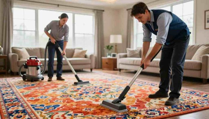 A professional carpet cleaning team from Lake Geneva Carpet Cleaning is seen in action, meticulously cleaning a vibrant, plush carpet in a spacious, well-lit living room. The foreground showcases two skilled cleaners wearing smart business attire, focused on their work with specialized equipment, such as a powerful steam cleaner and carpet tools. In the middle ground, the carpet is rich in colors, with intricate patterns that highlight the effectiveness of the cleaning process. The background features large windows allowing soft, natural light to fill the room, enhancing the cleanliness and warmth of the space. The atmosphere conveys professionalism and expertise, with a tidy and inviting environment that emphasizes the quality of service offered in Lake Geneva, WI.