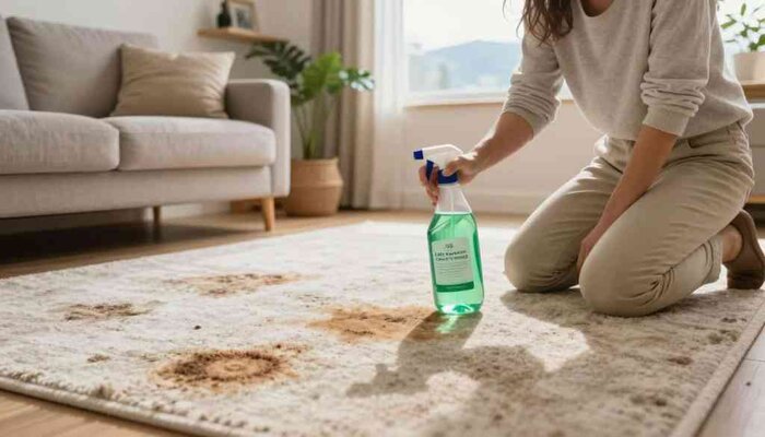 Woman cleaning pet stain from carpet in Lake Geneva home with spray bottle.