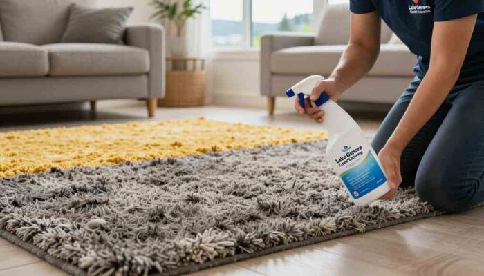 Person applying carpet stain remover on a gray and yellow rug in a bright living room.