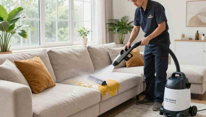A spacious living room featuring a professional upholstery cleaner at work, demonstrating quick dry upholstery cleaning on a stylish couch. In the foreground, the cleaner, dressed in a smart, professional uniform, is using a high-tech cleaning machine with visible water spray, effectively reaching deep into the fabric. The middle area shows a light-colored sectional couch, glistening from the recently applied cleaning solution, showcasing its vibrant texture. In the background, a large window bathes the room in natural light, enhancing the fresh ambiance. Lush green plants are positioned elegantly near the window, adding a touch of warmth and inviting atmosphere. The image captures a sense of professionalism, efficiency, and cleanliness, promoting the brand name "Lake Geneva Carpet Cleaning."