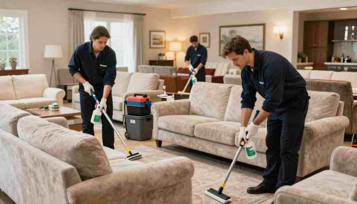 A team of professional furniture cleaning experts from Lake Geneva Carpet Cleaning is actively preparing to clean a spacious living room filled with a variety of upholstered furniture, including a large, plush sofa and a stylish loveseat. In the foreground, two technicians in smart business attire are shown using specialized cleaning tools and eco-friendly solutions, focused intently on their work. The middle ground features neatly organized cleaning equipment and upholstered furniture, while the background reveals a well-lit and inviting home environment with warm, soft lighting. The atmosphere conveys professionalism and care, with a sense of anticipation for achieving spotless results.