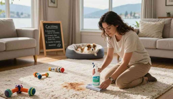 Woman cleaning pet stain on carpet in Lake Geneva home with cleaning spray.