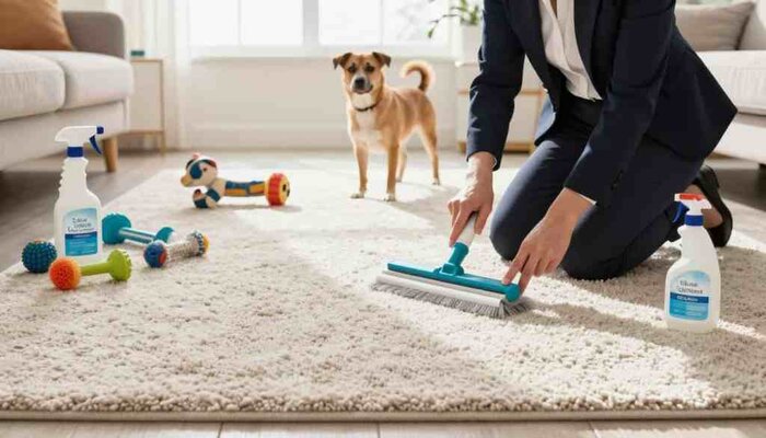 A bright and airy living room with a focus on a beautifully textured carpet, showcasing a pet-friendly space. In the foreground, a person dressed in professional business attire is kneeling down, applying a natural carpet cleaning solution, with a variety of cleaning tools neatly arranged nearby. In the middle ground, there are scattered pet toys and a friendly dog curiously watching, adding a lively atmosphere. The background features a window with natural light illuminating the scene, highlighting the cleanliness of the carpet. Soft shadows create a warm mood, suggesting a welcoming environment. Include subtle branding for "Lake Geneva Carpet Cleaning" integrated into the scene, perhaps on a cleaning bottle or tool.