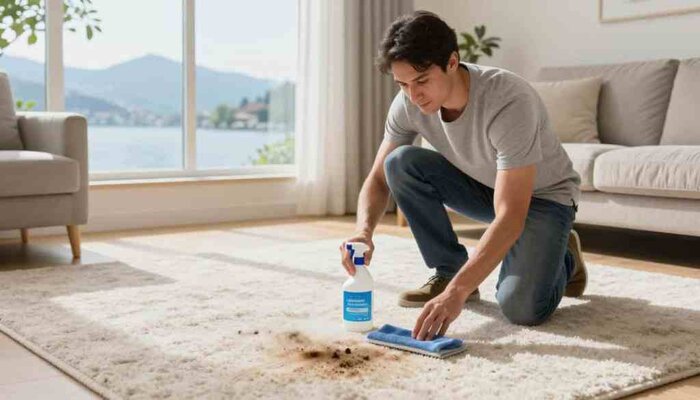 A bright, inviting living room scene showcasing a professional cleaning technician in smart, modest attire, using eco-friendly cleaning supplies to remove pet odors from a plush, light-colored carpet. In the foreground, the technician is actively applying a natural deodorizer, with a focused expression, ensuring thorough treatment. In the middle ground, there are noticeable spots on the carpet where pet odors have been treated, emphasizing effectiveness. The background features a sunny window revealing the picturesque Lake Geneva outdoors, through which soft, natural light illuminates the room, creating a fresh and clean atmosphere. The scene encapsulates the commitment of "Lake Geneva Carpet Cleaning" to providing top-tier odor removal solutions, resonating with homeowners seeking lasting freshness in their carpets.