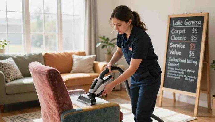A bright, inviting scene showcasing a professional upholstery cleaning service in Twin Lakes, WI, operated by Lake Geneva Carpet Cleaning. In the foreground, a knowledgeable technician in smart business attire, gently cleaning a plush, multicolored upholstered chair with a portable steam cleaner. The middle ground features a vibrant living room setting with windows allowing natural light to flood in, highlighting the cleanliness of the space. In the background, a chalkboard stands displaying transparent pricing options alongside service value benefits, ensuring clarity and simplicity. The atmosphere is warm and welcoming, conveying trust and professionalism. The angle captures the technician in action, with soft, diffused lighting enhancing the scene's warmth and approachability.