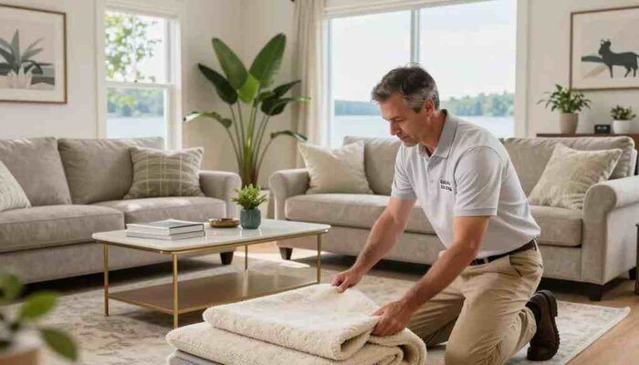 A dedicated owner of "Lake Geneva Carpet Cleaning" personally inspects a sofa in a bright, sunlit living room filled with lush plants. In the foreground, the owner, a middle-aged man dressed in a smart polo shirt and khakis, kneels beside a beautifully upholstered piece, demonstrating careful attention as he analyzes the fabric. In the middle, classic home decor accents such as a stylish coffee table and artistic wall art create a warm environment. The background shows a large window revealing the serene lake view of Twin Lakes, WI, with soft natural lighting pouring in, enhancing the inviting atmosphere. The mood is professional yet personal, highlighting the owner's commitment to quality and customer satisfaction. The image captures an essence of trust and meticulous care in upholstery cleaning.