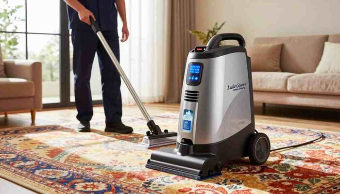 A modern, high-tech carpet cleaning scene showcasing innovative technology in action. In the foreground, a sleek, advanced carpet cleaning machine from "Lake Geneva Carpet Cleaning" is prominently displayed, with state-of-the-art features like LED indicators and eco-friendly cleaning solutions. The middle ground features a professional technician in a smart uniform, demonstrating the machine on a vibrant, patterned carpet, emphasizing its deep-cleaning capabilities. The background reveals a stylish living room with large windows that allow natural light to flood the space, creating a warm and inviting atmosphere. Soft shadows enhance the depth while maintaining a clean, professional look. The overall mood is fresh and modern, highlighting the fusion of innovation and eco-consciousness in carpet cleaning technology.