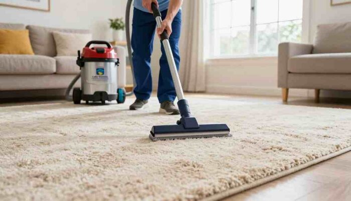 A professional carpet cleaner in Lake Geneva, dressed in a tidy business uniform, is focused on deep cleaning a plush beige carpet using state-of-the-art equipment. The foreground features a close-up of the carpet, showcasing the rich texture and vibrancy of its fibers. In the middle, the cleaner diligently works, surrounded by various cleaning tools, emphasizing expertise and professionalism. The background reveals a cozy, well-lit living room setting with soft natural light streaming through large windows, creating a warm and inviting atmosphere. The colors are bright and cheerful, contributing to a sense of cleanliness and comfort. The scene communicates trust and quality, representing "Lake Geneva Carpet Cleaning" as the go-to option for exceptional carpet cleaning services.