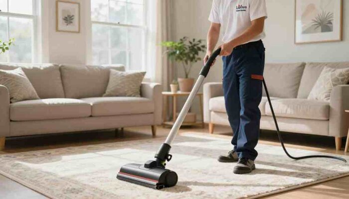 A professional carpet cleaning service in action within a cozy, well-lit living room setting in Lake Geneva. In the foreground, depict a technician wearing a clean uniform with the logo "Lake Geneva Carpet Cleaning" visible, using a high-quality carpet cleaning machine on a plush, patterned carpet. In the middle ground, showcase a beautifully furnished room with soft, inviting colors, and natural light streaming through large windows, casting gentle shadows. In the background, include subtle decorations like potted plants and tasteful artwork, enhancing the homely atmosphere. The overall mood is bright, clean, and welcoming, emphasizing professionalism and trust in carpet care. Use soft focus to create a warm and inviting feel, ideal for demonstrating service excellence.