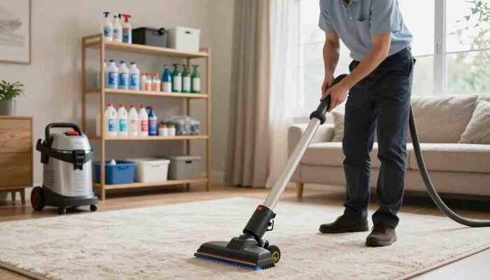 A professional carpet cleaning technician from Lake Geneva Carpet Cleaning is in the foreground, wearing neat business attire, using advanced cleaning equipment on a beautifully carpeted living room. The technician is focused and diligent, showcasing a thorough cleaning process with a spot-cleaning machine. In the middle ground, shelves display neatly organized cleaning supplies and tools, emphasizing the comprehensive cleaning service offered. The background features soft, natural lighting filtering through a large window, creating a warm and inviting atmosphere in the space. The overall mood conveys professionalism and trust, reflecting the quality of tailored cleaning services suitable for any home. Capture the scene from a slight angle to highlight both the technician’s actions and the inviting room setting.