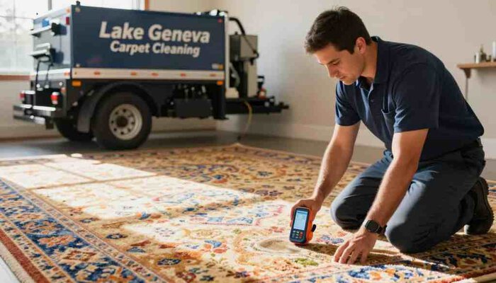 A professional carpet cleaning technician in business attire is kneeling beside a freshly cleaned carpet, demonstrating the meticulousness of truck-mounted cleaning. The foreground shows the technician holding a moisture meter, taking a reading of the carpet's dryness level, with a focused expression. In the middle, the clean carpet showcases vibrant patterns and textures, drying under soft, natural light coming from a nearby window, creating a warm, inviting atmosphere. In the background, a sleek truck-mounted cleaning unit is parked, with the brand name "Lake Geneva Carpet Cleaning" prominently displayed. The scene captures a sense of professionalism and reliability, emphasizing the difference in drying times between methods. The angle is slightly elevated, allowing for a comprehensive view of the entire setup without any distractions or text overlays.