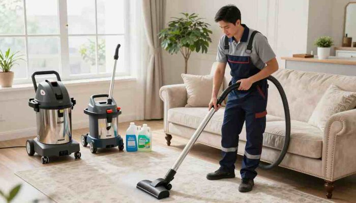 A professional cleaning process scene featuring a well-organized indoor setting. In the foreground, a technician from Lake Geneva Carpet Cleaning wears a neat uniform, using a high-powered vacuum to clean an elegant upholstered sofa. The middle ground highlights a variety of professional cleaning equipment neatly arranged, including a carpet extractor and cleaning solutions. In the background, natural light streams through a large window, illuminating a comfortable, stylish living room with decorative plants and cushions. The overall atmosphere is clean and efficient, emphasizing professionalism and attention to detail. Capture this scene from a slightly elevated angle to provide a clear view of the technician at work, enhancing the mood of a trusted cleaning service in action.