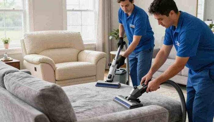 A professional upholstery cleaning scene in Burlington, WI, depicting a clean, bright living room featuring leather and microfiber furniture. In the foreground, two skilled technicians from Lake Geneva Carpet Cleaning, dressed in blue uniforms, are using advanced cleaning equipment on a stylish gray microfiber sofa. The middle ground highlights a pristine beige leather armchair with subtle textures, emphasizing the depth of cleaning. The background showcases a sunlit window with soft natural light illuminating the room, enhancing the cozy atmosphere. The overall vibe is fresh and inviting, reflecting expertise and care in upholstery maintenance. The composition should have a slightly angled view to capture both the technicians actively working and the quality of the upholstery.