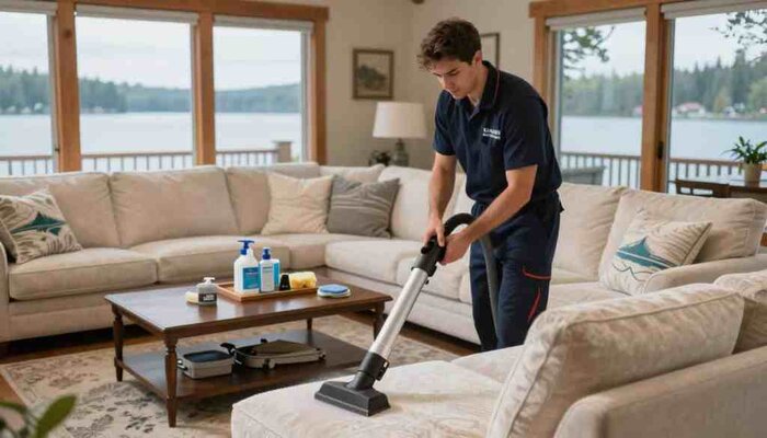 A professional upholstery cleaning scene in a cozy lake house living room, showcasing a skilled technician from Lake Geneva Carpet Cleaning. The foreground features the technician, dressed in a neat uniform, carefully using a high-quality steam cleaner on a plush, light-colored sofa adorned with tasteful lake-themed cushions. In the middle ground, a stylish coffee table holds cleaning supplies, emphasizing the expertise in upholstery care. The background reveals large windows with natural light pouring in, reflecting a tranquil lake view outside, enhancing the serene atmosphere. Soft, warm tones dominate the scene, creating a welcoming ambiance that highlights the importance of professional care for furniture. The composition captures the essence of a dedicated cleaning process in a beautifully maintained interior space.