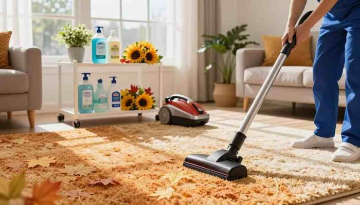 A serene and inviting scene depicting seasonal carpet maintenance strategies for summer and fall. In the foreground, a pair of hands in professional attire, gently cleaning a beautiful, plush carpet with a vacuum cleaner, showcasing techniques suitable for warm and cool weather care. In the middle ground, a well-organized cleaning station featuring eco-friendly cleaning products labeled with "Lake Geneva Carpet Cleaning," plants, and seasonal decor, such as sunflowers and autumn leaves, symbolizing the transition between seasons. The background captures a cozy living room with warm sunlight streaming through large windows, illuminating the vibrant colors of the carpet and creating a welcoming atmosphere. Soft shadows cast by the furniture enhance the depth, evoking a sense of comfort and cleanliness.