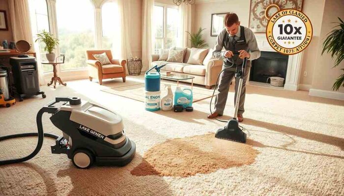 A serene scene depicting a professional carpet cleaning technician at work, showcasing the brand "Lake Geneva Carpet Cleaning". In the foreground, the technician, dressed in a smart uniform, is using a high-powered carpet cleaner on a stained area of a plush carpet, demonstrating the 10-day guarantee service. In the middle ground, various carpet cleaning equipment, including cleaning solutions and tools, is neatly arranged. The background features a beautifully decorated living room with natural light streaming in through large windows, casting gentle shadows and highlighting the cleanliness of the carpet. The atmosphere is calm and inviting, emphasizing trust and professionalism. The image should capture an inviting home environment in Lake Geneva, WI, focusing on the dedication to stain removal and customer satisfaction.