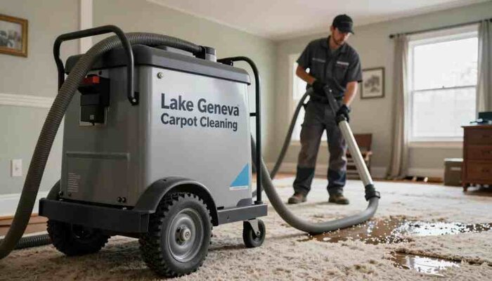 A truck-mounted carpet water extraction unit labeled "Lake Geneva Carpet Cleaning" is prominently featured in the foreground, showcasing its robust machinery and hoses ready for action. The middle ground displays a technician in professional attire, efficiently operating the equipment, portraying a sense of urgency and expertise in the process of restoring a water-damaged carpet. In the background, the interior of a Burlington Wisconsin home is visible, with hints of water damage on the carpet, enhancing the context of emergency response for flooded areas. Soft, natural lighting illuminates the scene, creating a realistic and urgent ambiance. The perspective is slightly low, emphasizing the equipment's scale and the technician's professionalism, evoking a mood of hope and restoration amidst a challenging situation.