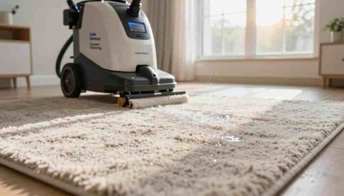 A visually striking scene showcasing the "carpet drying efficiency" concept, featuring a close-up of a freshly cleaned, plush carpet laid out in a well-lit, airy room. In the foreground, droplets of water are gently evaporating from the carpet fibers, highlighting the drying process. The middle ground includes a sleek, truck-mounted carpet cleaning machine from "Lake Geneva Carpet Cleaning," demonstrating the tools used in professional cleaning. In the background, a large window allows warm sunlight to stream in, illuminating the space and creating a serene, inviting atmosphere. The overall mood is one of cleanliness and efficiency, with soft shadows and warm tones enhancing the inviting feel of the image. The angle focuses on both the carpet and the machinery, emphasizing the contrast between a wet carpet and the effective tools facilitating its quick drying.