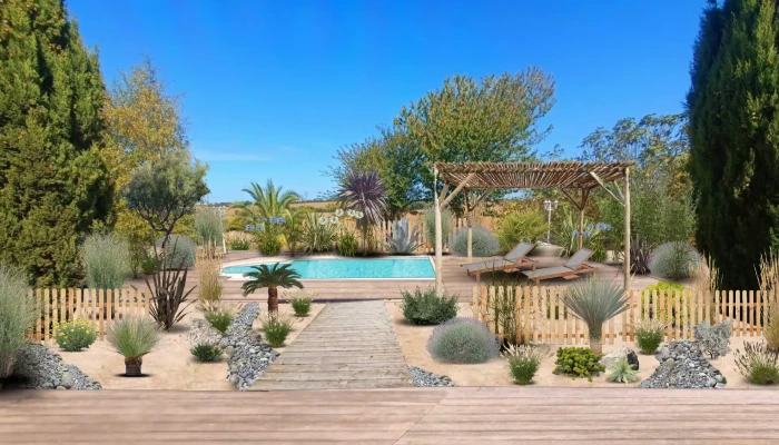 Conception d’un jardin bord de mer à coté de Toulouse réalisée par Pierre Ô Jardin, avec sable, galets de Garonne, ponton reliant une terrasse en bois exotique à l’espace piscine, pergola en bois flotté, ganivelle girondine et rivière sèche pour une ambiance naturelle et apaisante.