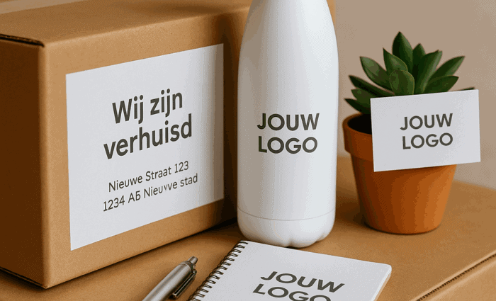Een luxe samengesteld relatiegeschenkpakket met logo, bedoeld als aankondiging voor een bedrijfsverhuizing.