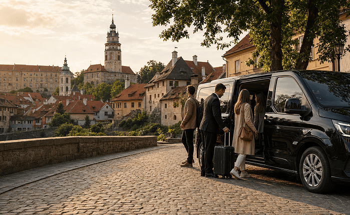 People getting in a van in Cesky Krumlov