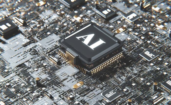 Nahaufnahme eines Computerchips mit der Aufschrift „AI“ auf einer Leiterplatte.