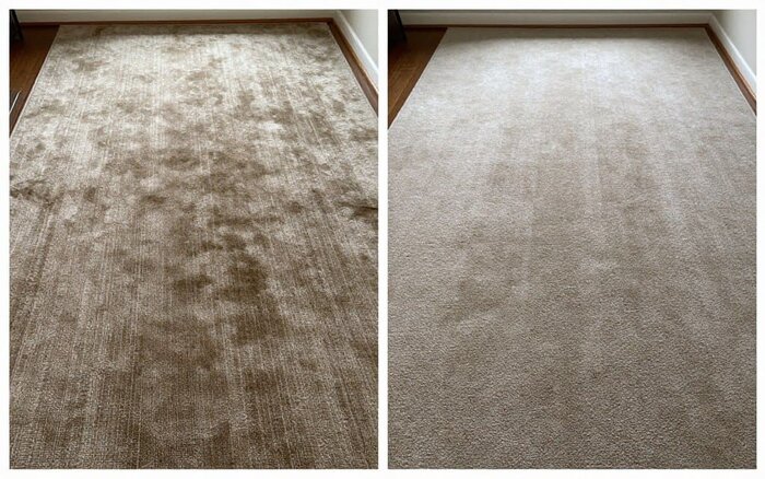 Before and after carpet cleaning in Lake Geneva, WI showing improved carpet appearance.
