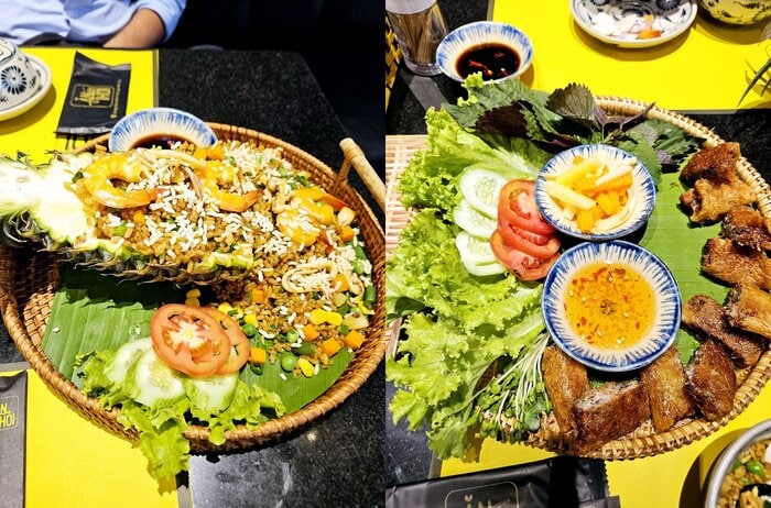 안토이 나트랑의 인기 메뉴, 파인애플 볶음밥과 분짜. 해산물이 듬뿍 들어간 볶음밥과 숯불 돼지고기, 신선한 채소가 조화를 이루는 분짜 세트는 나트랑을 대표하는 현지 맛집다운 퀄리티를 보여준다.