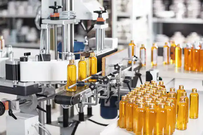 Automated bottle filling and labeling machinery in a pharmaceutical or cosmetic production facility.