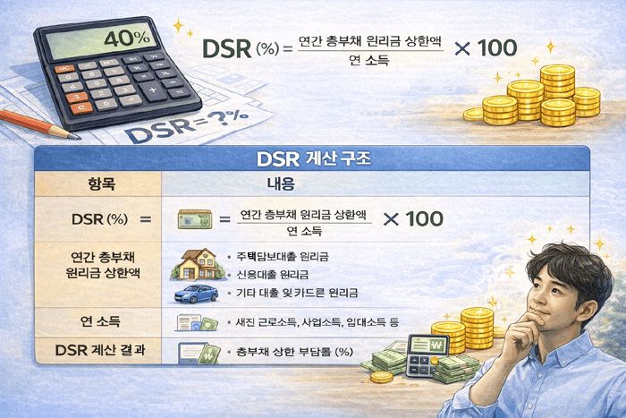 DSR 계산기 대출 가능 금액이 이렇게 달라집니다 3 dsr 계산기 계산 구조를 표로 정리한 이미지