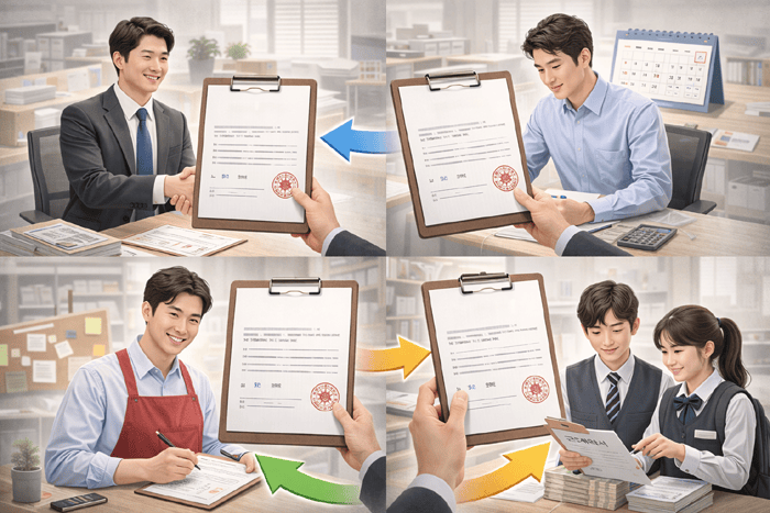 근로계약서 안 쓰면 벌금 얼마 나오나요? 작성 시기·필수항목 한눈에 정리 5 4. 근로계약서 유형 정규직 계약직 단시간 연소근로자 구분 구조 설명 이미지