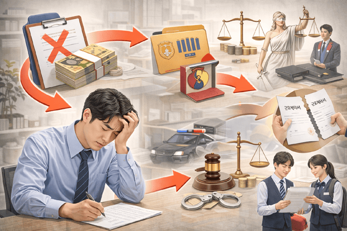근로계약서 안 쓰면 벌금 얼마 나오나요? 작성 시기·필수항목 한눈에 정리 6 5. 근로계약서 미작성 벌금 위험과 분쟁 시 사업주 책임 증가 구조 설명 이미지
