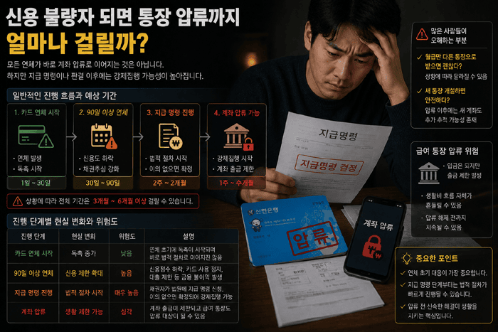 신용 불량자 현실 정리 - 카드 정지부터 통장 압류까지 실제로 가장 먼저 막히는 것들 4 카드 연체 후 통장 압류까지 실제 흐름