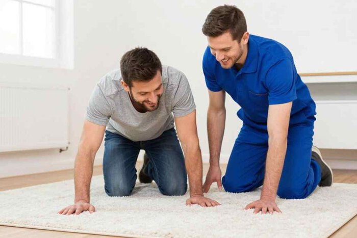 Two professional carpet cleaners inspecting a clean, plush carpet in a bright living room.